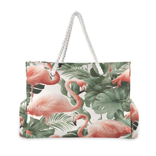 susiyo Pink Flamingos Green Leave Beach Bags for Women Large Travel Tote Bag Waterproof Sandproof Lightweight Swim Pool Bag for Family Outdoor2