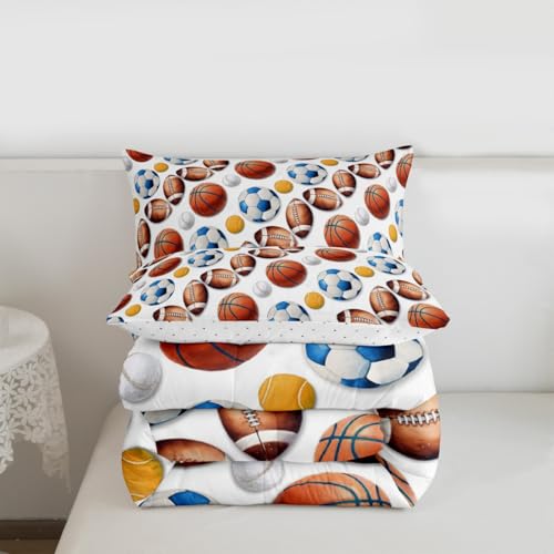 Image of Feelyou Soccer Football Comforter Set Full Size Basketball Baseball Softball Sport Theme Bedding Set for Kids Boys Girls White Blue Yellow Duvet Quilt Bedroom Decor 3 Pcs with 2 Pillow Cases