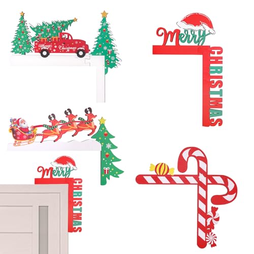 HOMCDALY 4 Pcs Christmas Door Corner Frame Decoration, Funny Christmas Door Decorations, Merry Christmas Door Frame Décor, Christmas Wooden Sign Ornaments for Door Topper Décor, Christmas Wall Art