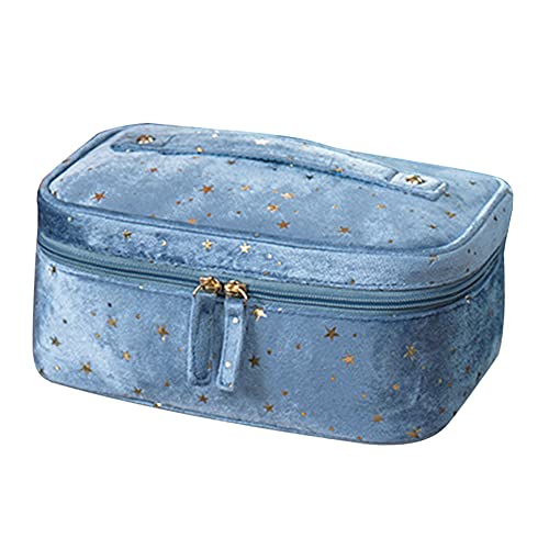 Velvet Makeup Bag Travel Cosmetic Bags for Women Large Capacity Portable Cosmetic bag Storage Organizer with Makeup Brush Pocket Travel Cosmetic Bags Make up Pouch Bag Large Capacity Travel Makeup Case (Blue/Large)