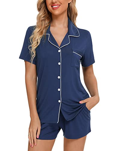 Image of Pjmlifecoco Women's Modal Pajama Set Short Sleeve Button Down Two Piece Soft Sleepwear with Shorts Loungewear S-XXL