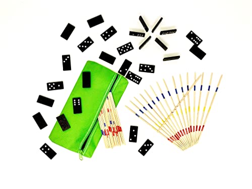 2 er Spiele Set Mikado und Domino 2 Stück Spielesammlung aus Holz in praktischem Täschchen mit Spielanleitung (incl. Mini`s -Überraschung) |logisches Denken | Förderung Motorik |Sparset Cover