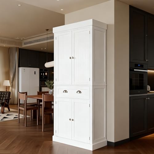 Image of VINGLI 71-Inch White Storage Cabinets with Drawers, Freestanding Pantry Cabinets with Doors and Shelves Adjustable, Wood Farmhouse Kitchen Pantry Cupboard