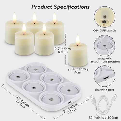 Image of Rhytsing 6 Rechargeable Flameless Votive Candles with Timer for Home Decor, Led Faux Battery Operated Tealight Candles with Magnetic Charging Base, Type-C USB Cable, Remote Included-D1.6 X H2.7 inches