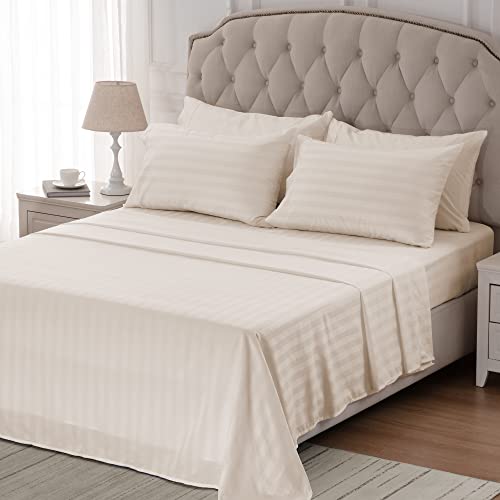 SLEEP ZONE Striped Cooling Sheets Set Full Size - Fitted Flat Sheet & Pillowcase Sets 4 Piece - Super Soft Stripe Bed Sheet, Easy Care, Deep Pocket (Beige, Full)