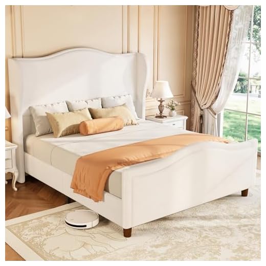 koorlian Queen Bed Frame Chenille Upholstered Platform Bed with Headboard and Footboard, 51" High Deep Tufted Wingback Sleigh Upholstered Bed, Modern Retro Minimalist Style, Easy Assembly, Cream