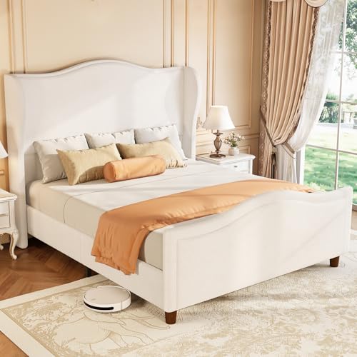 koorlian Queen Bed Frame Chenille Fully Upholstered Bed with Headboard and Footboard, 51' High Deep Tufted Wingback Sleigh Upholstered Platform Bed, Modern Retro Minimalist Style, Easy Assembly, Cream