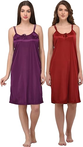 Image of You Forever Women Sexy Satin Striped Solid Above Knee Length Nighty, Loungewear, Nightwear, Sleepwear, Home Wear Short Nighty for Women Pack of 2