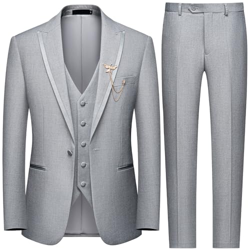 WEEN CHARM Men's 3 Piece Suit One Button Blazer Jacket Vest Pants Set Slim Fit Formal Wedding Business Suit Tuxedo Suit Light Gray