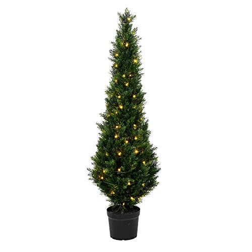 Vickerman Everyday Artificial Cedar Pre-Lit LED Tree 5 Foot Tall - Potted Natural Green Cedar - UV Resistant Indoor Outdoor Home Patio Front Door Faux Decor