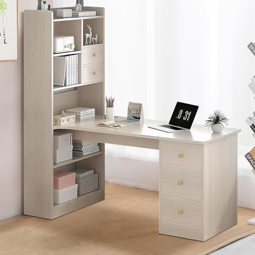 Oficina, Home Escritorio Con Cajones y Gabinete Escritorio Para Computadora Minimalista Escritorio Esquinero Con Estante De 7 Niveles y 5 Cajones De Almacenamiento,Mesa...
