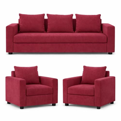 Image of Wood 3+1+1 Sofa Set 5 Seater | Velvet Fabric Upholstery | Wooden Frame Sofa Set with 3 Seater & 2 Single Chairs for Living Room, Home & Office (Mehroon)