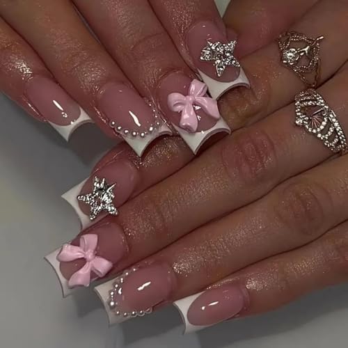 White French Tip Press on Nails Bow Star Fake Nails with Charms Design Pearl Glue on Nail Glossy Full Cover Medium Square False Nail Artificial Acrylic Stick on Nail for Women Girls Manicure 24Pcs