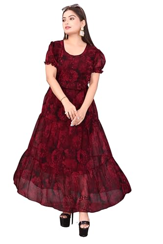 Image of Tree Elegant Women's Georgette Flared Midi Dress - Lightweight with A-Line Silhouette for Brunch, Casual & Festive Occasions