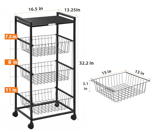 Image of WINSTAR Metal Rolling Trolley with Lockable Wheels | Heavy Duty Multifunctional Storage Cart with Pull-Out Wire Baskets | Fruit Vegetable Organizer Rack with Tabletop (Black, 3-Tier wd Tabletop)