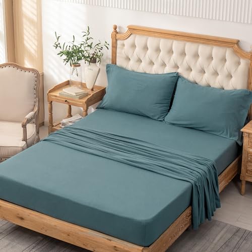 PURE ERA Jersey Knit 3pc Bed Sheet Set 100% T-Shirt Cotton Super Soft Comfy Breathable Fits Mattress Up to 20" Extra Deep Pocket (Solid Cerulean Blue,Twin)