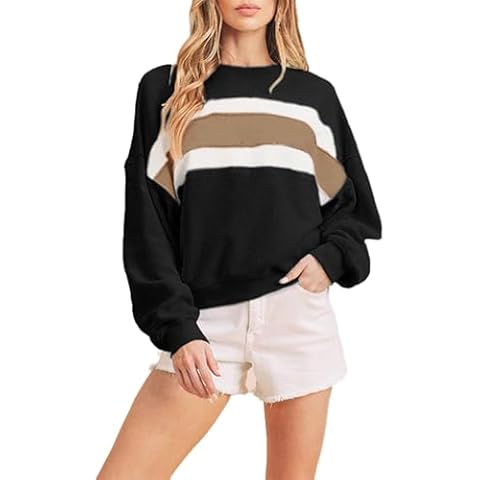 Tanming Womens Casual Sweatshirt Crewneck Patchwork Pullover Tops Long Sleeve Color Block Shirts (Black-S) Cover