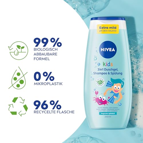 NIVEA KIDS 3in1 Duschgel, Shampoo & Spülung, Pflege und Reinigung für Kids mit magischem Apfelduft, extra milde, seifenfreie Haar- und Hautpflege für Kinder (250 ml)