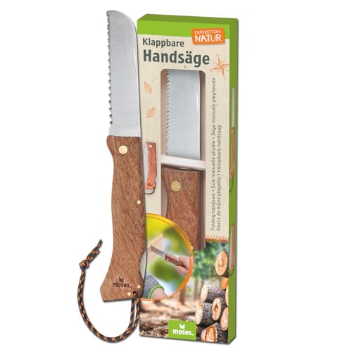 moses. Expedition Natur Klappbare Handsäge, Kindersäge mit Holzgriff, Fingerschutz & abgerundete Spitzen, Klinge aus rostfreiem Edelstahl, Outdoor-Werkzeug für Kinder, Silber
