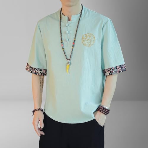 Chemise d'été homme style chinois rétro ample manches courtes coton lin