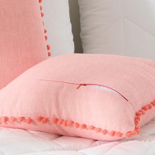 Image of 100% Cotton Pom Pom Cushion Without Filler, Elegant & Modern Cushion Cover for Living Room, Square Shape, 20 inchx20 inch, uni Chambray, Set of 5 - Coral