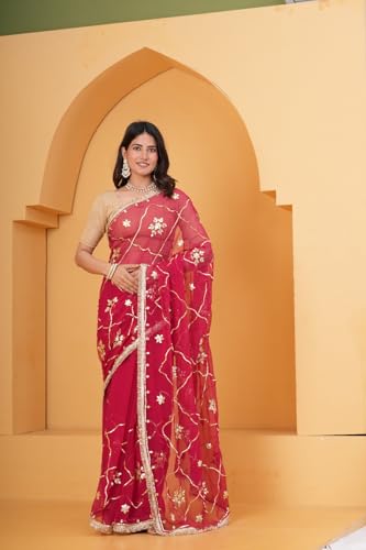 Image of Embroidered Organza Saree with Lace Border for Women | Organza Saree for Wear in Occasions | Elegant Ethnic Wear | Red Pink