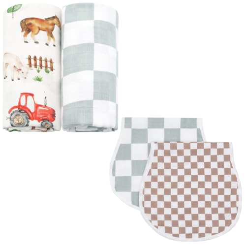 Image of LifeTree Muslin Swaddle Blankets Neutral and Baby Burp Cloths for Newborn Girls Boys, 70% Viscose from Bamboo and 30% Cotton, Farm Animals & Checkered