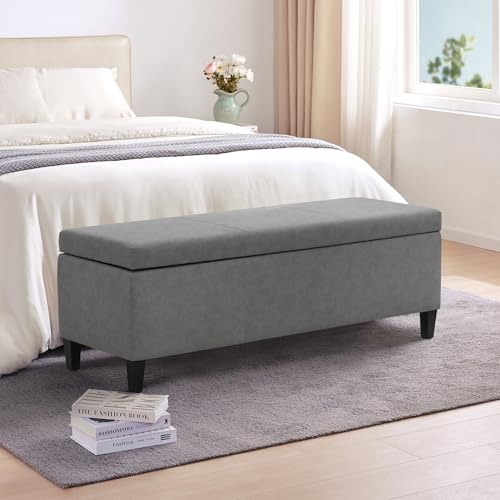 Image of Storage Ottoman Bench 50.3 inch Faux Leather Upholstered End of Bed Bench, Grey