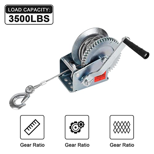 Image of Heavy Duty Hand Winch 3500 lbs with 32 ft Steel Wire Rope, Hand Crank Strap Gear Winch with Steel Wire, for ATVs Boats Trailers Trucks Auto Marine