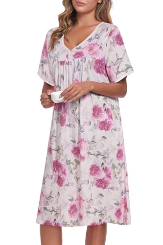 Image of AVIIER Nightgows for Women Soft Cotton Night Shirts Short Sleeve Sleepwear with Pockets