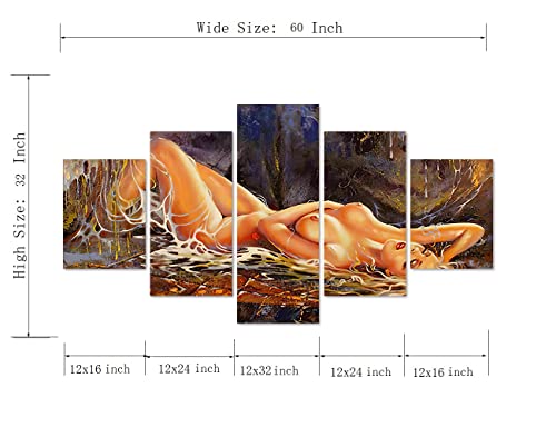 5 Panels Retro Sexy Nude Lady With Sexy Red Lips Wall Art Abstract Nude Women Oil Paintings Sexy Lady Body Shape Artwork For Guest Room Bathroom Wall Decor Stretched And Framed Easy To Hang-60"Wx32"H #TOP4