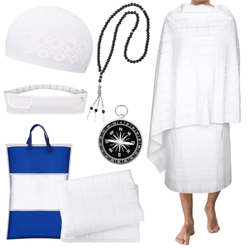 Namalu Ihram Set für Hajj und Umrah Islamische Gebetskleidung für Männer 2 Pilgerhandtücher Islam Kufi Hüt Rosenkranz Kette Bauchtasche Kompass Muslim Kleidung für Muslimisches Gebet Eid Geschenk