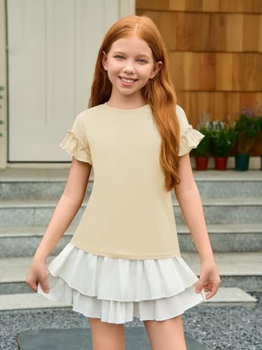 Image of Haloumoning Girls Ruffle Short Sleeve T Shirts Kids Summer Crewneck Tops Cute Tees Blouse 5-14 Years