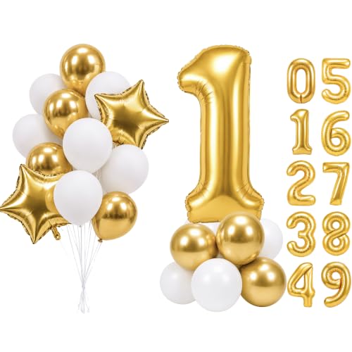 Image of PartyWoo Metallic Gold Number 1 Balloon 40 Inch 25pcs Gold Foil Star White