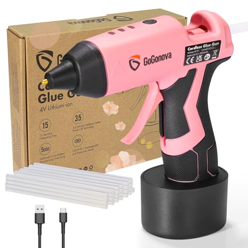 GoGonova Pistola de pegamento caliente inalámbrica 4V GT01002131 Rosa, Inalámbrica, 5W, 4V DC, 5Ah, 15s, 180min, USB Type-C, 25 barras de pegamento, Papel, Algodón, Plástico