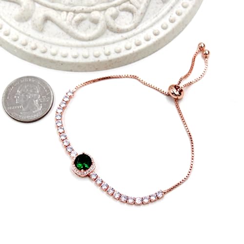 Image of Rose Plated Gold Brass Box Chain Cubic Zirconia Classic Tennis Slider Adjustable Bracelet, Round Big Zircon Charm Give Woman Mom Mother's Day Fashion Crystal Gift
