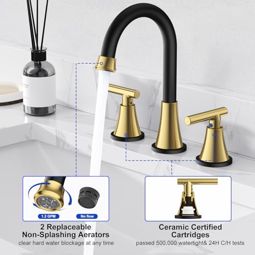 Image of Bathroom Faucet 3 Hole, Black& Gold Faucets with Drain and Supply Lines | Hurran Stainless Steel Lead-Free Widespread Bathroom Sink Faucet for Vanity RV Restroom Laundry Outdoor Camper, 2 Pack