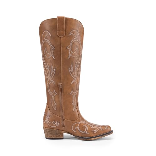 DREAM PAIRS Womens Cowboy Boots Comfortable Cowgirl Knee High Boots Pull On Side Zipper Chunky Heel Embroidered Western Boots4