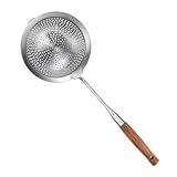 GREATLINK Large Strainer Skimmer Ladle, 304 Stainless Steel Skimmer Spoon Deepen Spider Strainer Kitchen Cooking Colander Spoon Utensil with Wooden Long Handle for Cooking, Draining, Frying, 18.5 Inch