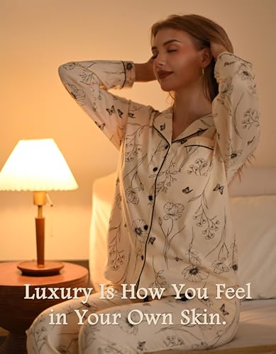 100% Cotton Pajamas for Women 2 Piece PJs Set Long Sleeve with 3 Pockets Button Down Breathable Sleepwear XS-XXL2