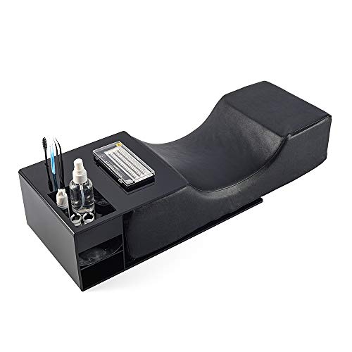 Eyelash Extension Neck Pillow with Acrylic Shelf Organizer Stand for Left People, PU Leather Waterproof Lash Extension Grafting Pillow Makeup Tool Display Cabinet Shelves - Black Shelf + Black Pillow