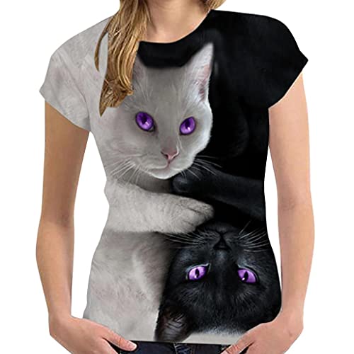 CHENGY Damen Oberteile Kurzarm Trendige Top Damen Sommer T-Shirts mit Rundhalsausschnitt 3D Katzen Animal Druck Oberteile für Yoga Running Gym Kurzarm-T-Shirt Blusenoberteile Cover