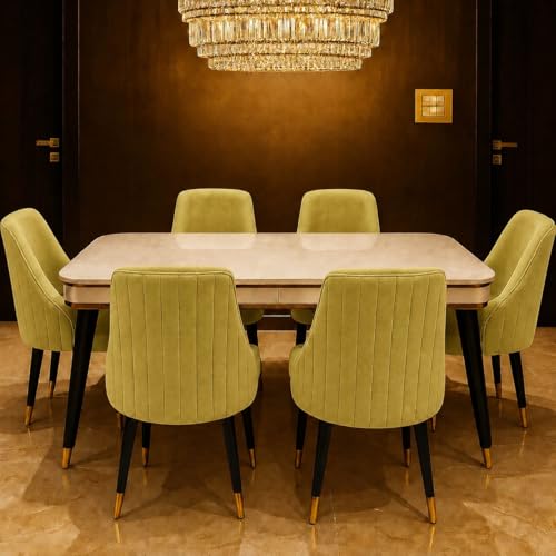 Image of WOODEN SPACE 6-Seater Wooden Dining Table Set | Nano Composite Marble Top | Solid Wood Base | Modern Dining Room Furniture with 6 Chairs (Light Green Infinity Backline)