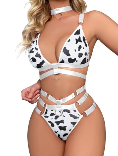 Lilosy Sexy Wireless Choker O Ring Linked Strappy Harness Lingerie Set Outfits 3 Piece Women Matching Bra Panty Underwear Cow Print Medium