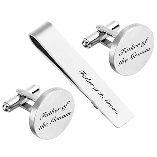 ZUNON Father of The Groom Cufflink Engraved Text Father Dad Personalized Wedding Custom Tie Clip Tack (Father of The Groom Cufflinks and tie Clip)