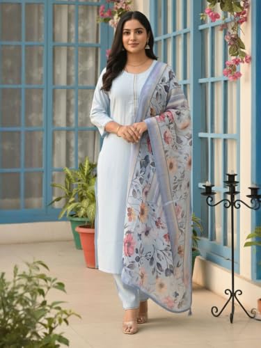 Image of INDO ERA Women's Pure Cotton Solid Solid kurta & Pant with Dupatta Set | Cotton Kurta Set For Woman