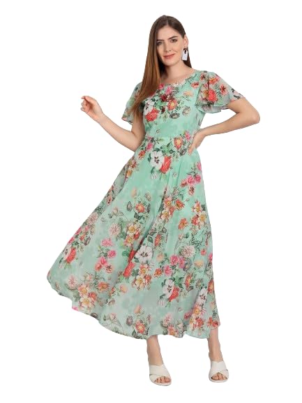 Image of Women's Floral Printed Georgette Standard Regular Fit and Flare Casual Knee Length Western Dress