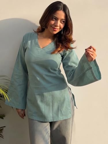 Image of ANNI Designer Short Kurti for Women Solid Design | V Neck Full Sleeve Kurti Tops for Women | Stylish Kurtis & Short Kurtis for Woman | Casual Kurti with Jeans | Kurtas for Woman