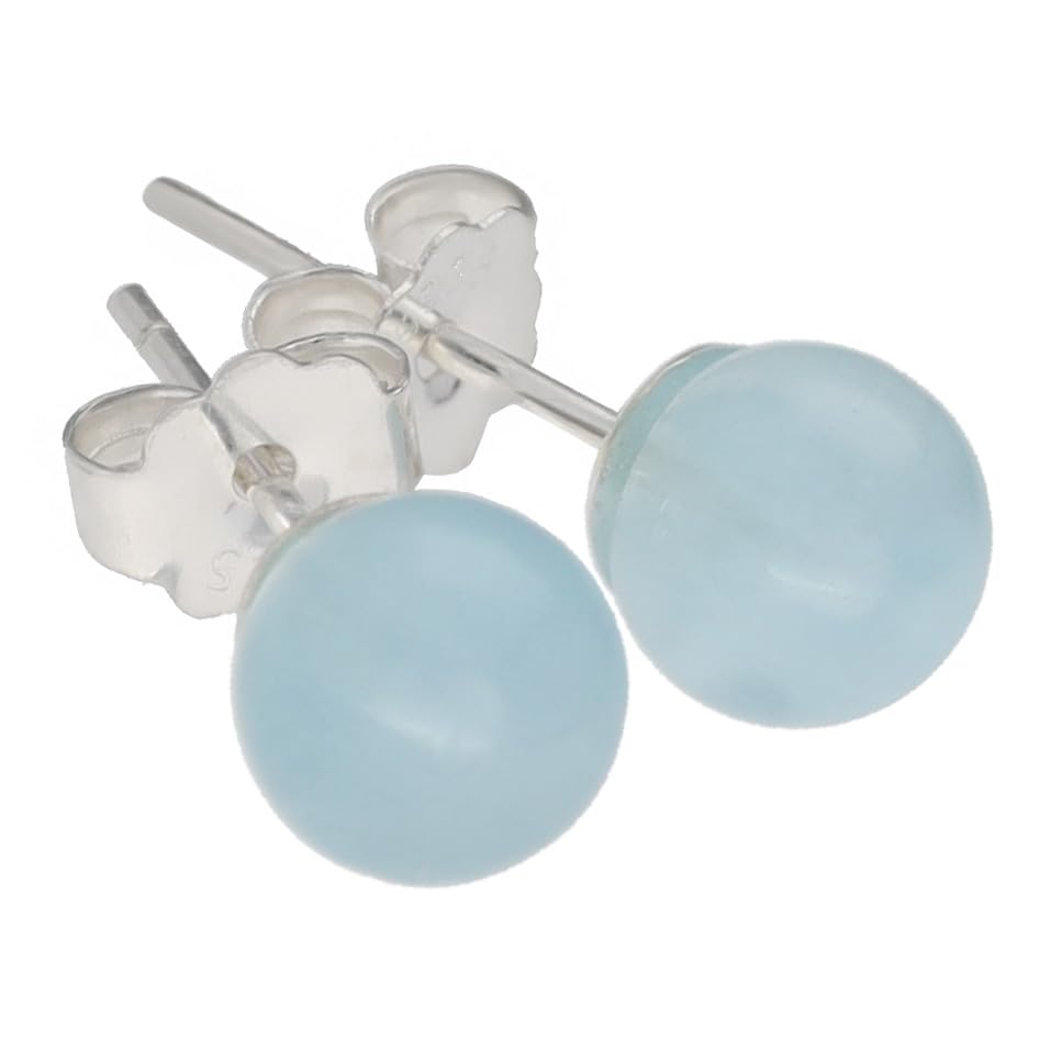 Pendientes de piedras preciosas en plata 925 | Bola / perla de 6 mm de diámetro | Pendientes con cierre, 6mm, Metal Metal Piedra semipreciosa, Aguamarina