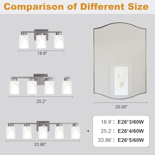 Image of 4-Light Bathroom Light Fixtures, Modern Vanity Lights, Brushed Nickel Metal Wall Lamp with White Marble Glass for Bathroom, Mirror, Living Room, Bedroom, Cabinet, Porch, Hallway, E26 Base